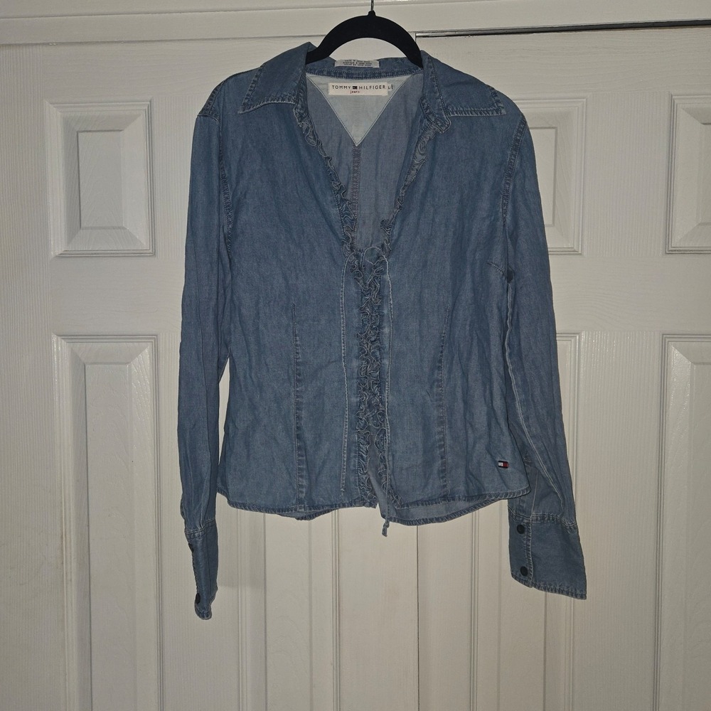 Y2K Tommy Hilfiger Jeans BoHo Long Sleeve Blouse Top Blue Large